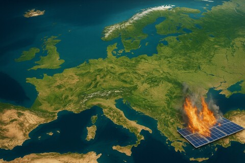Aerial view of Europe with solar panels on fire, symbolizing PV rooftop fire risks and the role of non-combustible cover boards in preventing spread.