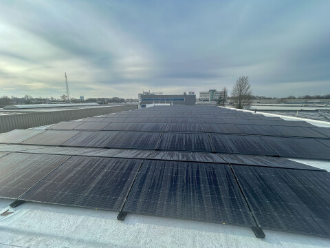 Barla Food roof with solar panels and PVC finish: AllShield BarrierSheet hidden underneath ensures fire safety and insurability.