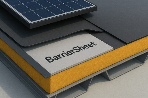 Cross section of a PV roof showing the AllShield BarrierSheet also known as a cover board  fire barrier board, non combustible roof board or roof protection board
