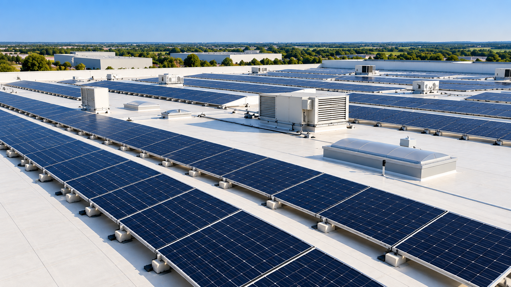 Commercial flat roof with solar panels, illustrating a PV-ready roof assembly