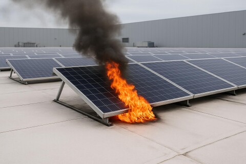 Flat industrial roof with solar panels showing a small fire starting under one panel, illustrating how AllShield BarrierSheet and AllShield Blue stop fire spread and protect roofs with solar installations.