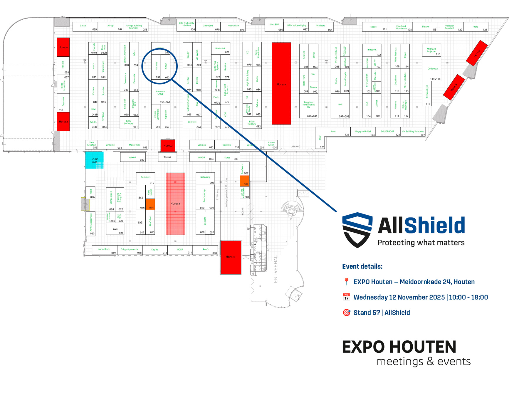 Floor plan of the Daken & Zaken trade fair 2025 at EXPO Houten, showing AllShield’s stand location (stand 57) for the roofing and solar event on 12 November 2025