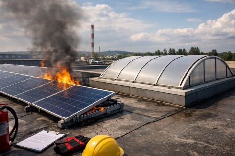 A non-combustible barrier around the skylight zone ensures a fire-safe PV roof.