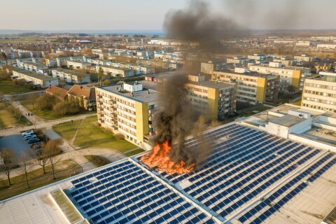 Solar panels on a burning roof during fire test illustrating PV ignition risks and the need for non combustible roof protection with AllShield