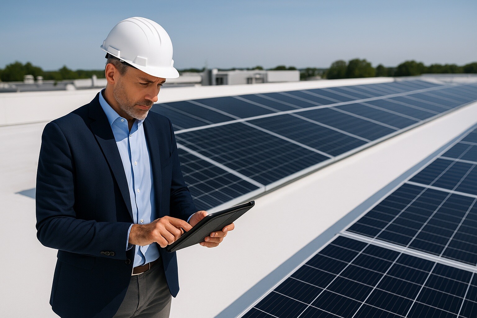 Solarif expert inspects rooftop solar panels, highlighting how AllShield Blue non combustible roof coating keeps PV installations safe and insurable.
