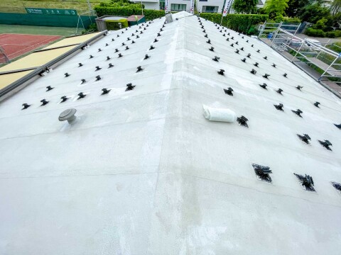 Fully coated AllShield Blue fire-safe roof at Tennisclub Tanthof in Delft with mounting supports ready for future solar panels.