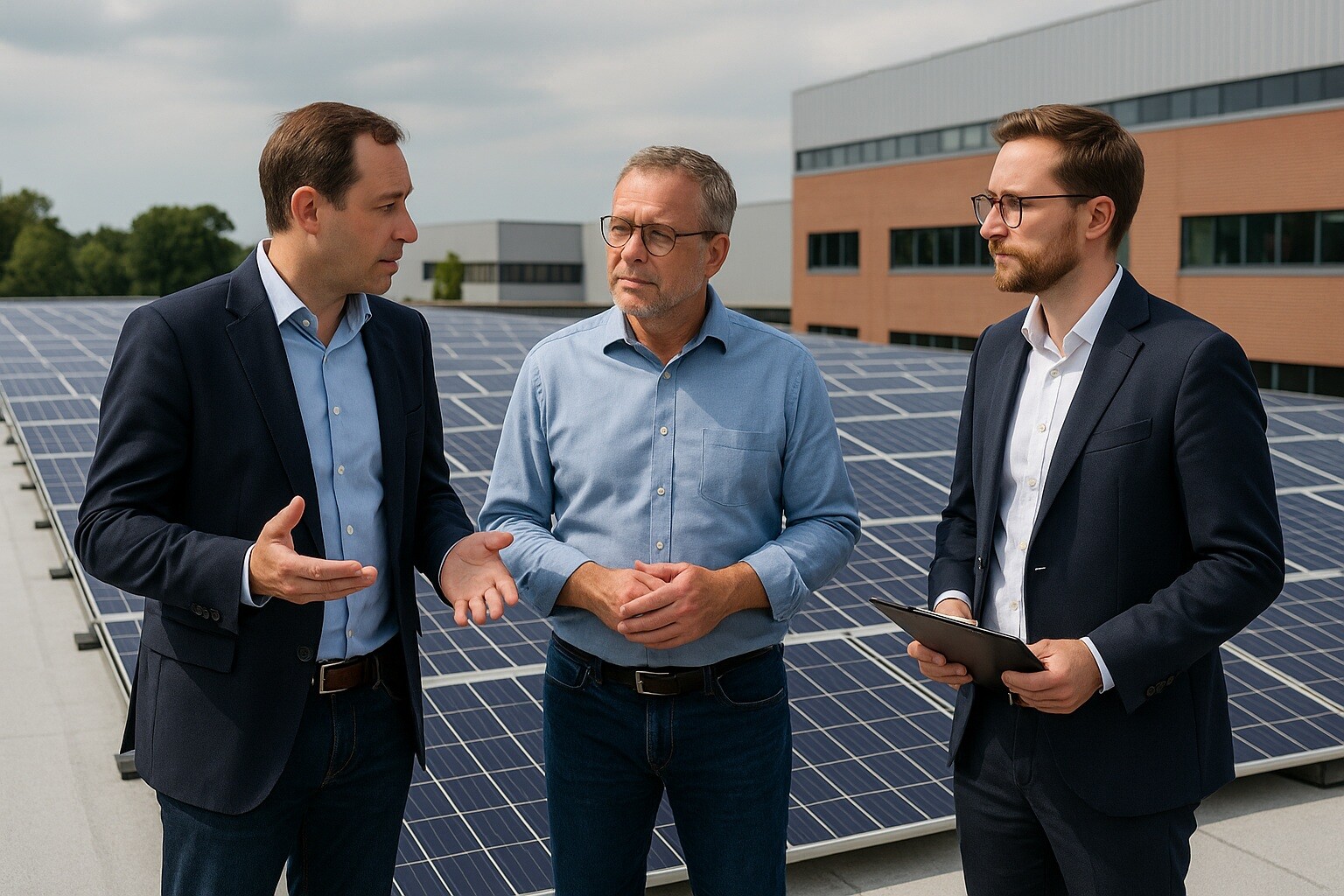 Two advisors and a building owner standing in front of a commercial rooftop with PV panels installed on a non combustible roof safe insured and risk free