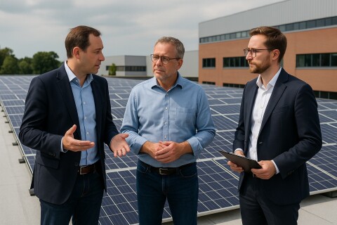 Two advisors and a building owner standing in front of a commercial rooftop with PV panels installed on a non combustible roof safe insured and risk free